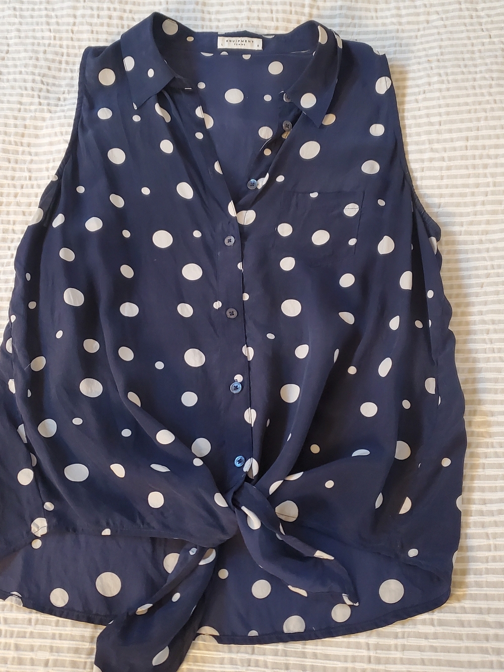 Equipment Navy and White Polka Dot Tie-Front Sleeveless Blouse
